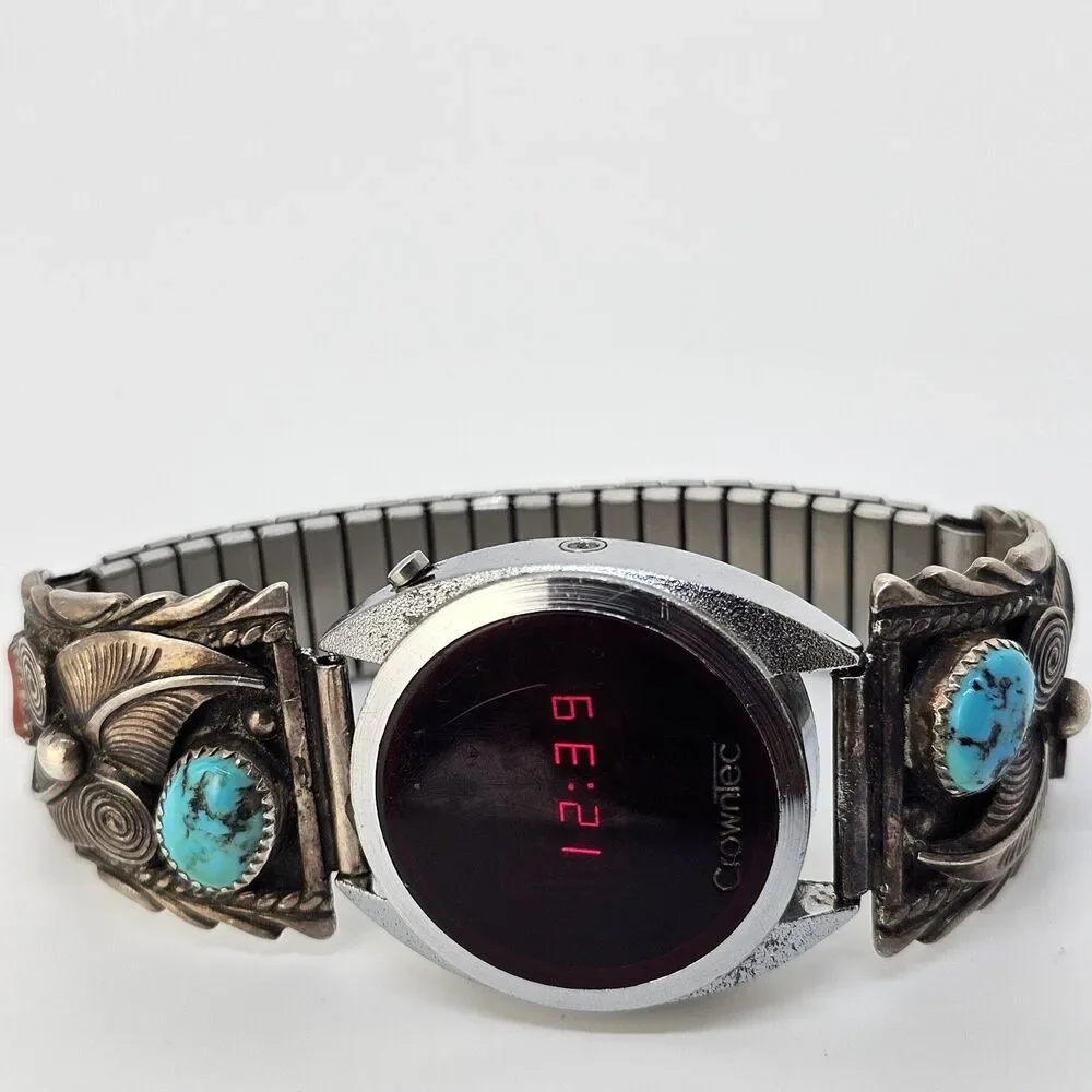 VTG Navajo Sterling Silver Flower Coral Turquoise Band‎ CrownTec Digital Watch